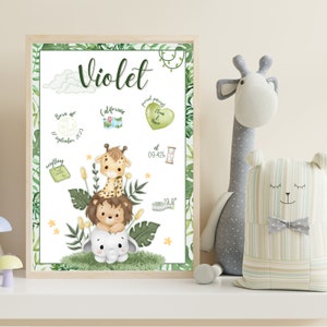 Cartel para regalo de recién nacido con información de nacimiento, natalicio para imprimir con dibujos de la selva, cartel infantil de selva