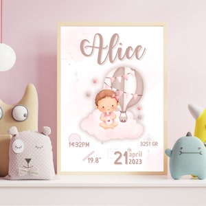 Cartel de nacimiento editable estilo boho, lámina de nacimiento bebé niña. natalicio con nombre para niña, regalo recién nacido con nombre