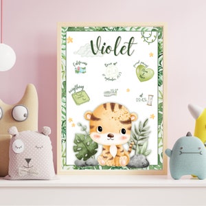 Poster personalizzato per regalo neonato, nascita con animali della giungla con informazioni sulla nascita, decorazione da parete per bambini
