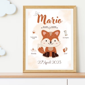 Cyfrowe narodziny małego lisa do pobrania, cyfrowy wykres urodzenia do dekoracji pokoju dziecięcego, plakat ze zwierzętami