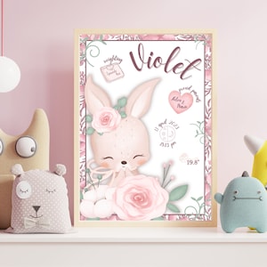 Adorable birth foil bunny in pink, birth template for newborn girl gift, poster with baby name