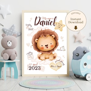 Watercolor brown baby lion editable digital template, beautiful printable A4 birth sheet, newborn gift