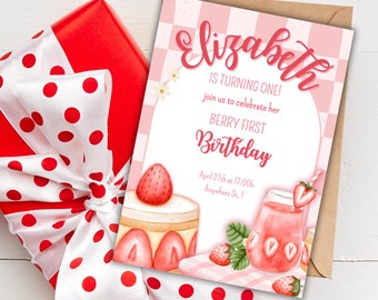 EDITABLE Berry First Birthday Invitation, Digital Strawberry First Birthday Invitation, Spring Berry Birthday