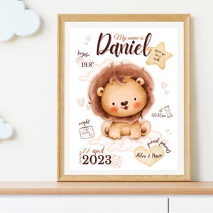 Editable digital template of watercolor brown baby lion birth, beautiful printable birth poster, newborn gift in Spanish