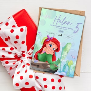 May include: A birthday invitation featuring a cartoon illustration of Ariel from The Little Mermaid. The invitation is light blue with purple and white accents. The text reads "Helen 5 Join us to celebrate Helen's birthday Anywhere Street Saturday June 24 5pm".