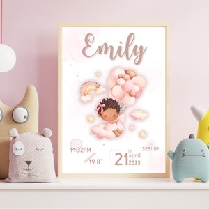 Lámina natalicia de niña de piel negra, cartel información de bebé para regalo personalizado, regalo de recién nacido para arte de pared