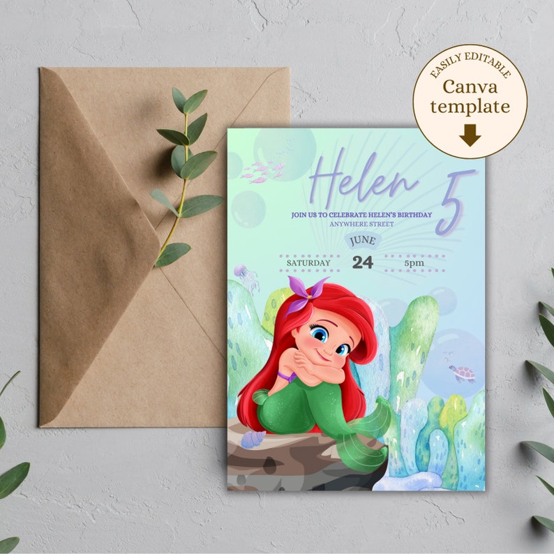 May include: A birthday invitation featuring a cartoon mermaid with red hair and a green tail. The invitation is decorated with bubbles, seaweed, and a sea turtle. The text on the invitation reads "Helen 5" and includes the date and time of the party.
