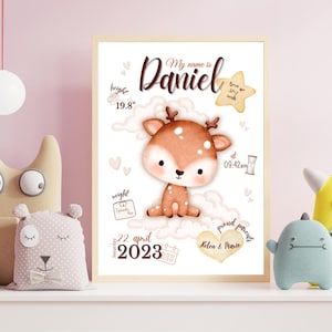 Nascita cervo per regalo neonato, poster nascita per decorazione bambini, modello foglio nascita digitale
