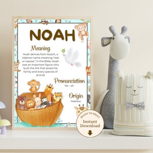 Arte de pared de póster con nombre Noah con significado y origen para imprimir, cuadro infantil de animales con nombre, regalo recién nacido