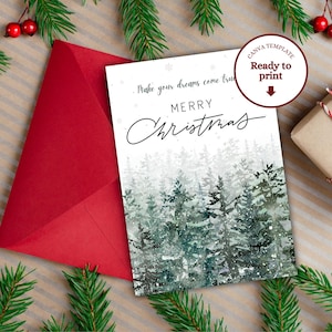 Instant download Christmas card, Christmas postcard template for greetings, Christmas tree greeting card with snow