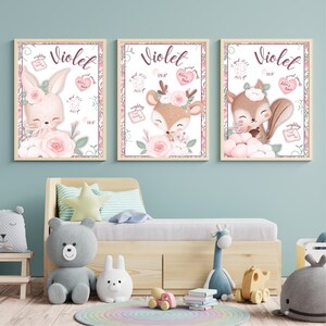 Paquete de tres láminas de natalicio para regalo de recién nacido, arte de pared de natalicio imprimible color rosa para habitación de niña