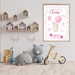 Editable birth record sheet, pink birth sheet for a girl with a rabbit drawing, printable digital birth