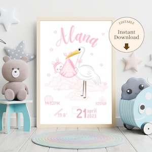 Plantilla digital editable de natalicio de cigüeña bebe acuarela, lamina de nacimiento A4 descargable e imprimible canva