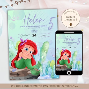May include: A printable invitation for a 5th birthday party featuring a cartoon mermaid with red hair and a green tail. The invitation is decorated with bubbles, seaweed, and seashells. The text on the invitation reads "Helen 5" and includes the date and time of the party.