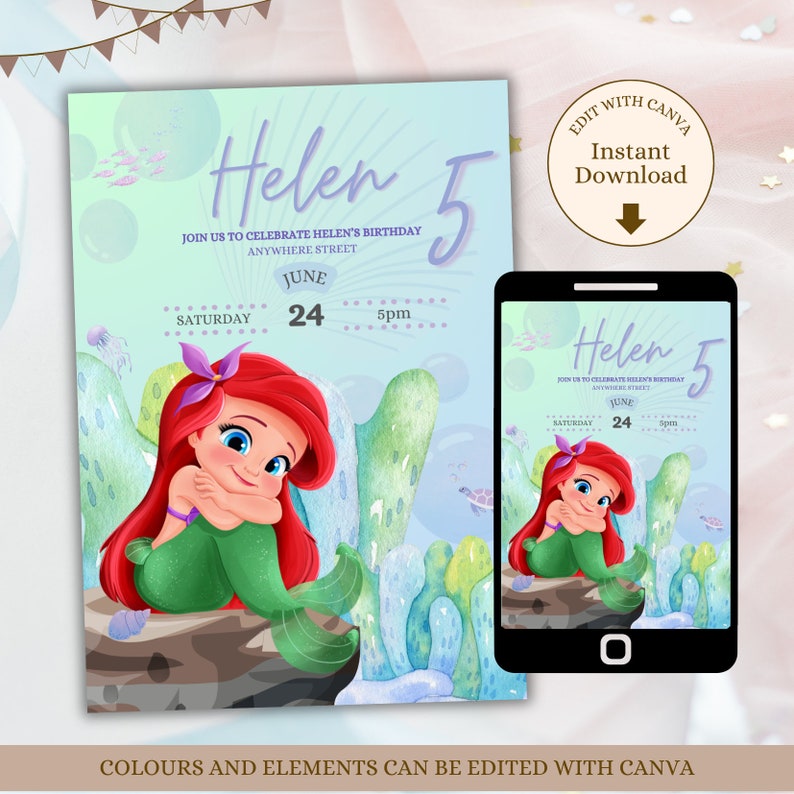 May include: A printable invitation for a 5th birthday party featuring a cartoon mermaid with red hair and a green tail. The invitation is decorated with bubbles, seaweed, and seashells. The text on the invitation reads "Helen 5" and includes the date and time of the party.