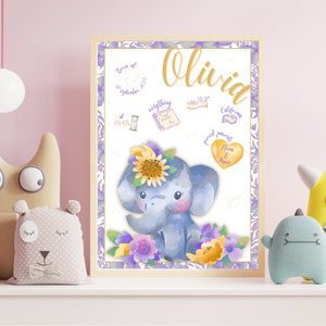 Mural de nacimiento con dibujo de elefante floral con colores de primavera, regalo para recién nacido con colores alegres, natalicio bebé