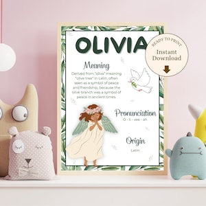 Póster de pared imprimible con nombre Olivia con significado y origen, regalo para recién nacido o decoración de jardín de infancia de bebé