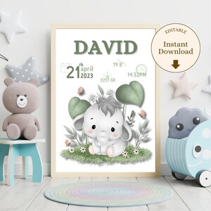 May include: A printable baby announcement poster featuring a green and white elephant illustration. The poster includes the name "DAVID", the date "21st April 2023", the time "14:32PM", the weight "19.8", and the length "3251 GR".