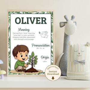 Cartel con significado de nombre Oliver para regalo de recién nacido o niño, arte de pared con nombre personalizado para niño, cartel nombre
