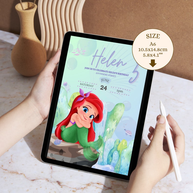 May include: A digital invitation for a 5th birthday party with a mermaid theme. The invitation features a cartoon illustration of Ariel from The Little Mermaid, with a purple bow in her hair, sitting on a rock with a green tail. The invitation is decorated with blue and green bubbles and seaweed. The text on the invitation reads "Helen 5", "Join us to celebrate Helen's birthday", "Anywhere Street", "June 24", "Saturday", and "5pm".