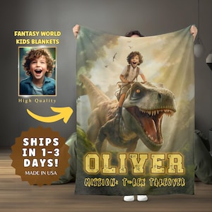 May include: A personalized blanket featuring a boy riding a T-Rex in a fantasy scene. The blanket has the name "OLIVER" and the text "MISSION: T-REX TAKEOVER". The blanket is labeled "FANTASY WORLD KIDS BLANKETS" and "High Quality".