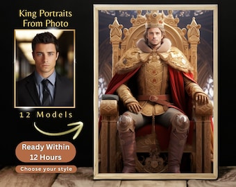 May include: A digital portrait of a person dressed as a king, sitting on a golden throne. The person is wearing a red and gold robe, a crown, and armor. The background is a blurry image of a castle.