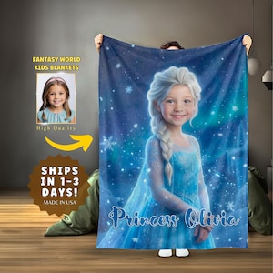 Deken ijsprinses, fotodeken met naam, cadeau voor kinderkamer, plaid ijsprinses, cadeau voor kleindochter, aangepaste gezichtsdeken