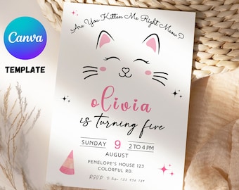 Cat Themed, girl Birthday Invitation, Are you kitten me Invitation, Cat Birthday Invite baby girl Birthday Invitation, Thank you card bundle