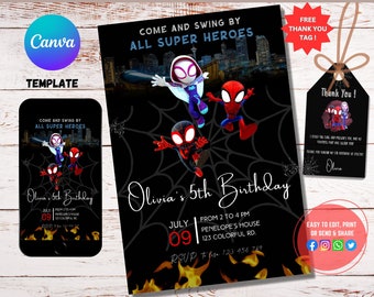 Ghost Spider Birthday Invitation, Spidey and his Amazing Friends Birthday Invitation, Girl Spidey Party Invite, Gwen, Thank you card bundle