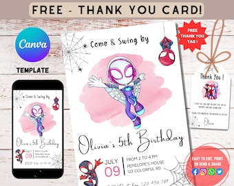 Spidey Ghost Spider Birthday Invitation, Girl Spidey Party Invite, Spidey and his Amazing Friends Birthday Invitation, Thank you card bundle