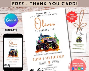 Editable Monster Truck Birthday Invitation Template, Printable Watercolor Monster Truck Invite, boy truck birthday card, Printable canva