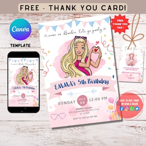 Girl fashion doll birthday Invitation, Girl party Birthday Invitation, Barbie Birthday Invitation, Editable invitation Thank you card bundle