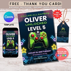 Invitation de fête d'anniversaire de jeu vidéo modifiable, lot de cartes de remerciement, invitation d'anniversaire de garçon de joueur, modèle de canva de jeu, téléchargement immédiat