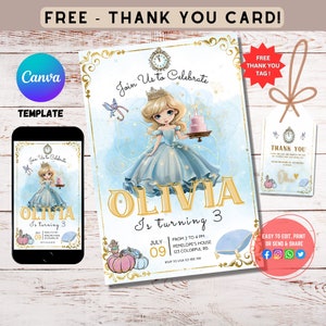 Convite editável de aniversário de princesa, pacote de cartões de agradecimento, festa de princesa, modelo canva, aniversário de menina, 2º, 3º, 4º, 5º, 6º, 8º