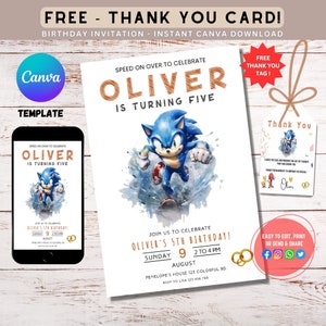Super Sonic The Hedgehog Birthday Einladung im Watercolor-Stil | canva Sonic Geburtstagsparty lädt ein | E-invite, Digitale Einladung Dankeskarte