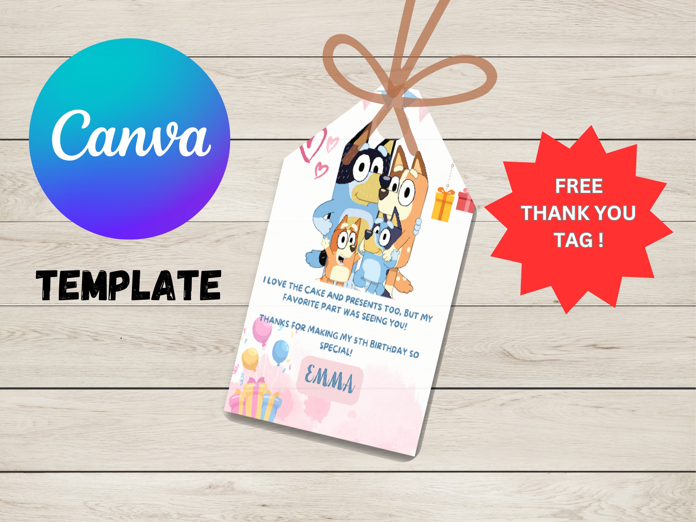 Editable Bluey Birthday Invitation + Thank You Tag