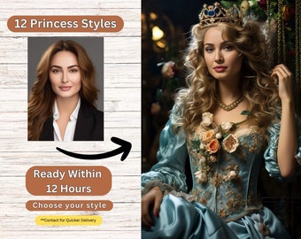 May include: A woman wearing a blue gown with a floral design and a crown on her head. The image is a digital illustration of a princess.
