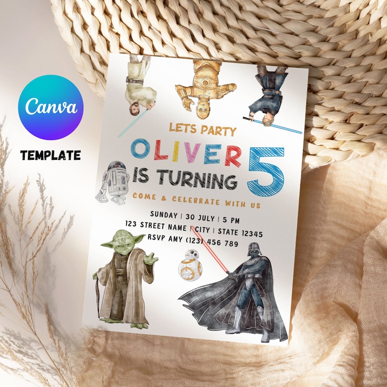 May include: A Star Wars themed birthday party invitation with a colorful illustration of characters from the movie. The invitation says "Let's Party Oliver is turning 5 Come & Celebrate with us" and includes the date, time, address, and RSVP information.