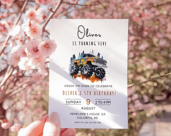 Editable Monster Truck Birthday Invitation Template, Printable Watercolor Monster Truck Invite, boy truck birthday card, Printable canva 5th