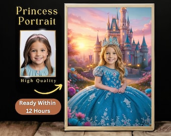 Princess Portrait for Girls, Personalized Royal Portrait, Unique Birthday Gift, Custom Kid's Wall Art, Kids Room Decor, Portrait From Photo