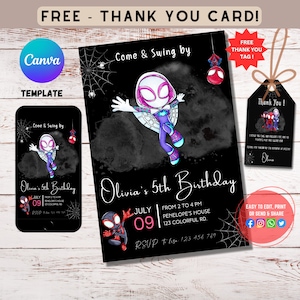 Spidey Ghost Spider Birthday Invitation, Girl Spidey Party Invite, Spidey and his Amazing Friends Birthday Invitation, Thank you card bundle
