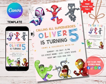 Superhero Birthday Invitation, New Spidey and His Amazing Friends, Party Invite Editable Template, Spiderman Birthday, Thank you card bundle