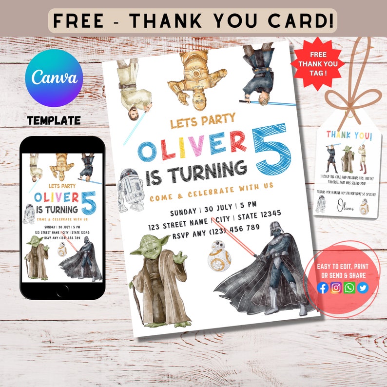 May include: Printable Star Wars themed birthday invitation with a watercolor illustration of Yoda, Darth Vader, and R2-D2. The invitation is for a 5th birthday party and includes the text "Let's Party Oliver is Turning 5 Come & Celebrate with Us".