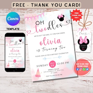 Girls 2nd Birthday, Oh Twodles Invite, Girl Theme Invitation, Printable Second Birthday Invitation for girl birthday, Thank you card bundle