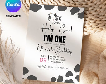Holy Cow I'm One boy's girl's Birthday Invitation, Cow Print Birthday Invitation Template, EDITABLE Instant canva Download, Farm Birthday