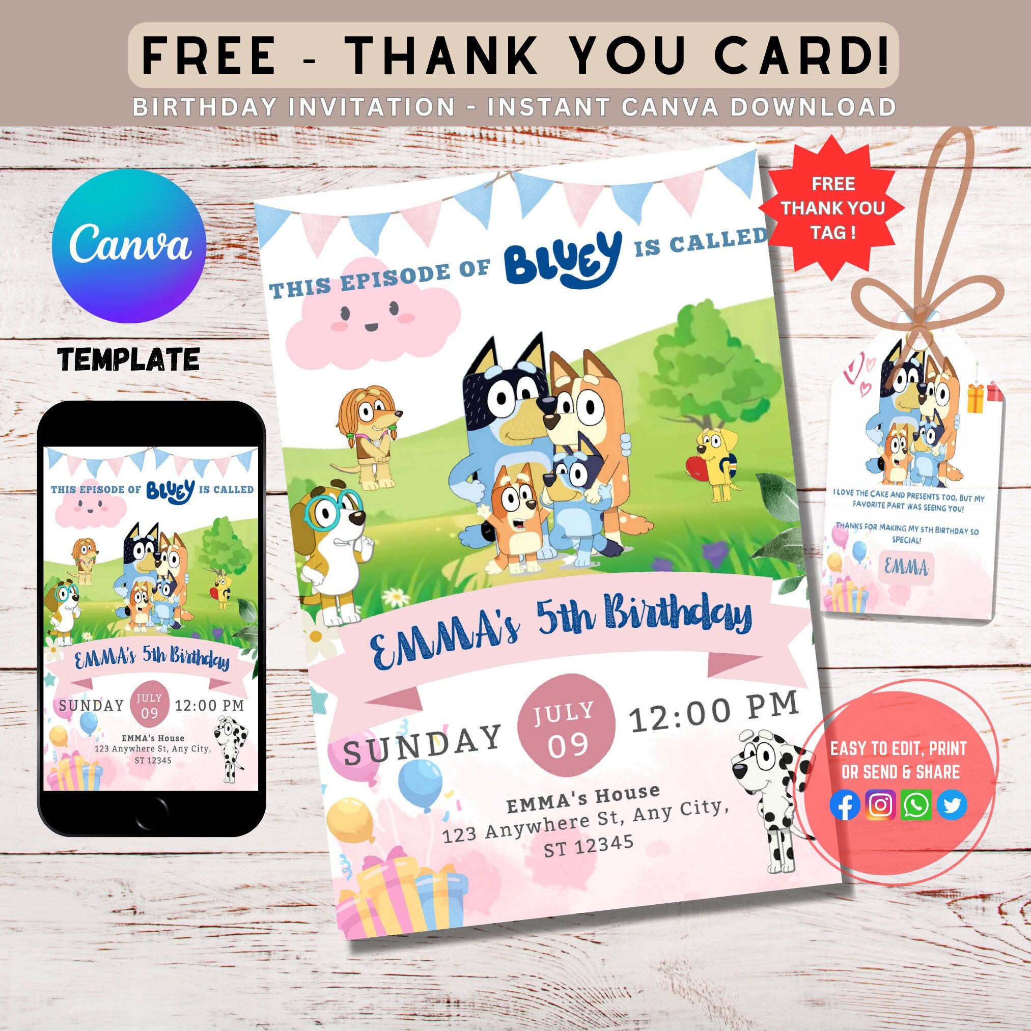 Editable Bluey Birthday Invitation + Thank You Tag
