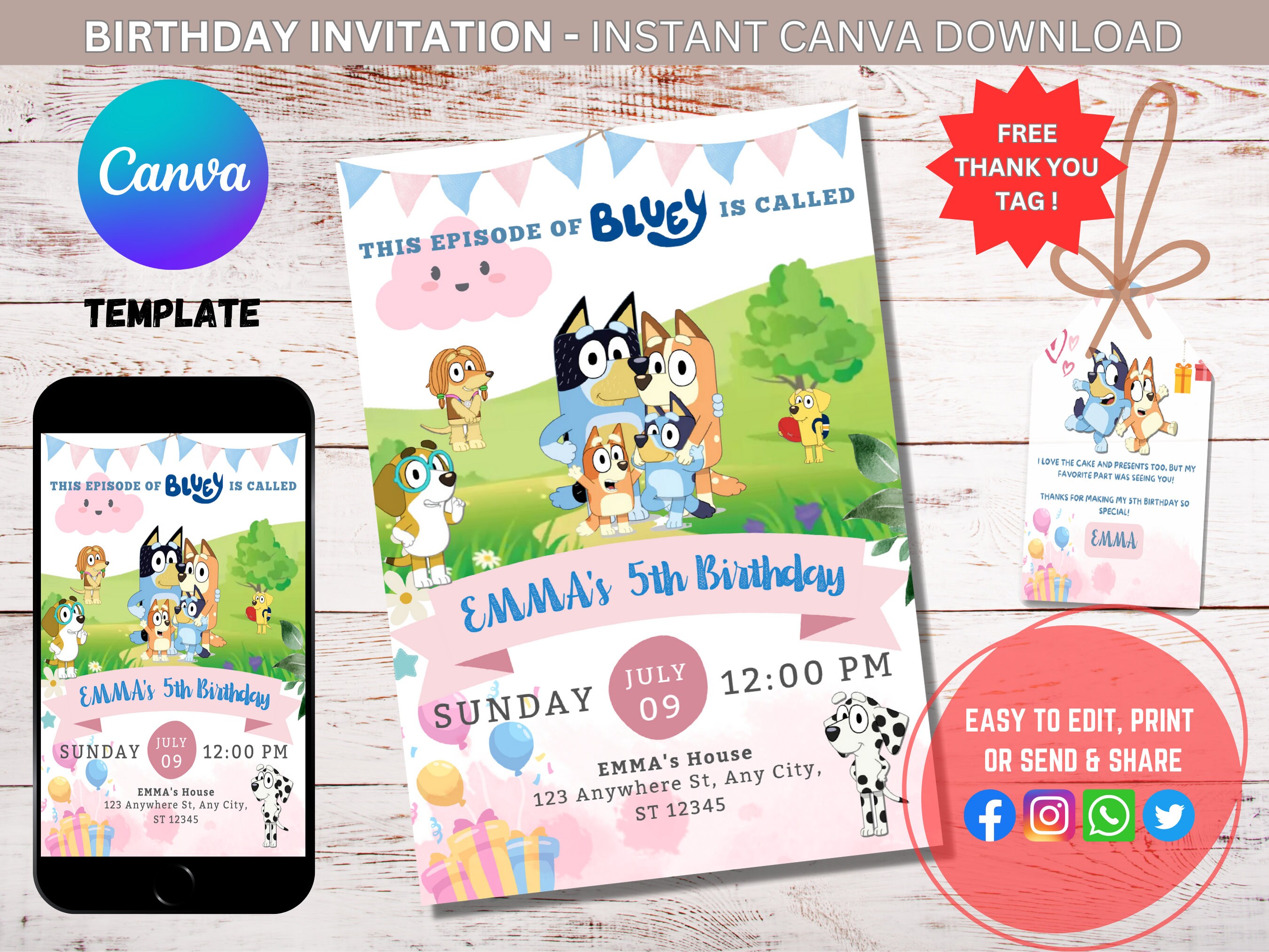Bluey Birthday Invitation Canva Template Bluey Kids Invite evite card CANVA Template Printable Personalized Invitation Card