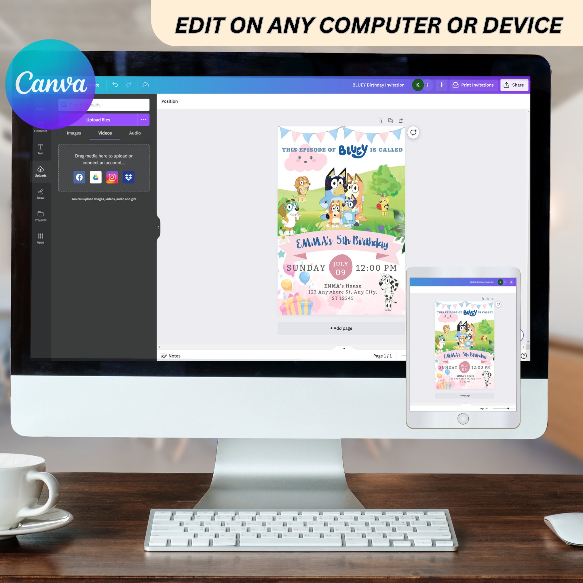 Editable Bluey Birthday Invitation + Thank You Tag