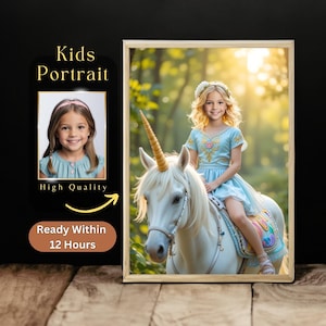 Personalized Princess Portrait with Unicorn, Custom Fantasy Art, Birthday Gift for Girl, Unique Gift for Daughter from Photo, Gifts for Girl