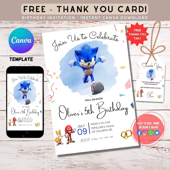 Super Sonic The Hedgehog Birthday invitation | canva Sonic Birthday Party Invites | E-invite | Digital invite | Card Invite | Sonic Birthday